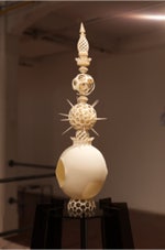 'tower of Entrotopia' sculpture by Seppe De Roo, shown at ‘Welcome to the Age of Chaos, Entrotopia’ expo